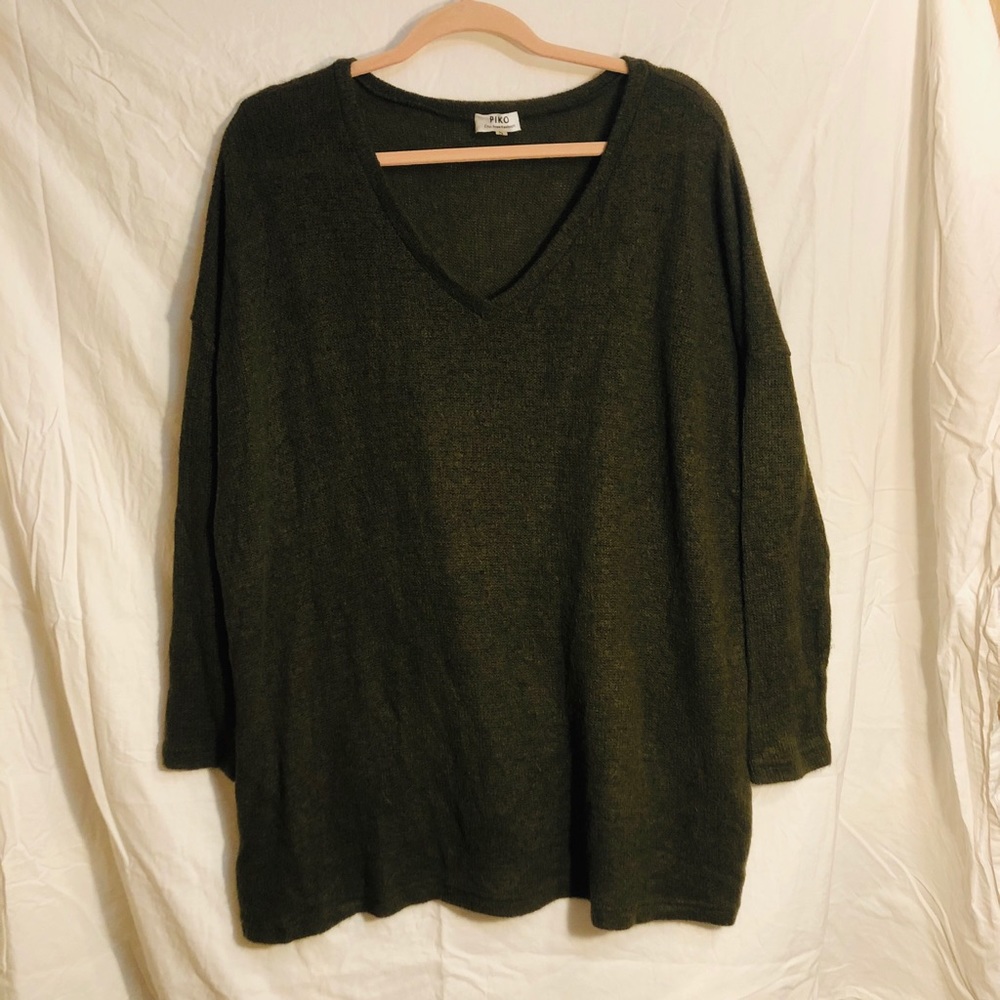 Olive Green V Neck Piko Sweater